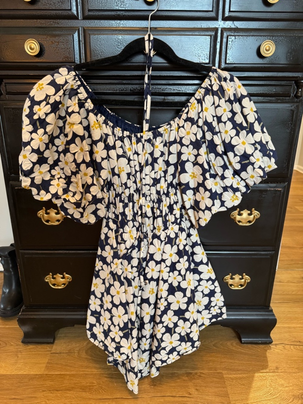 Navy Floral Off-Shoulder Puff Sleeve Top
